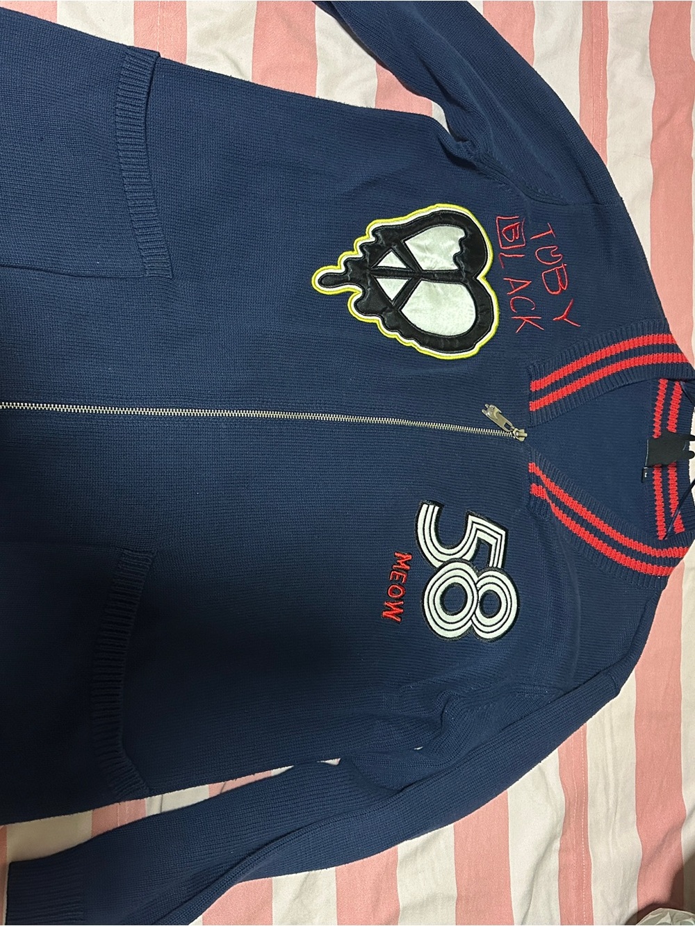 Blue Zip-Front Jacket long sweater with Patches